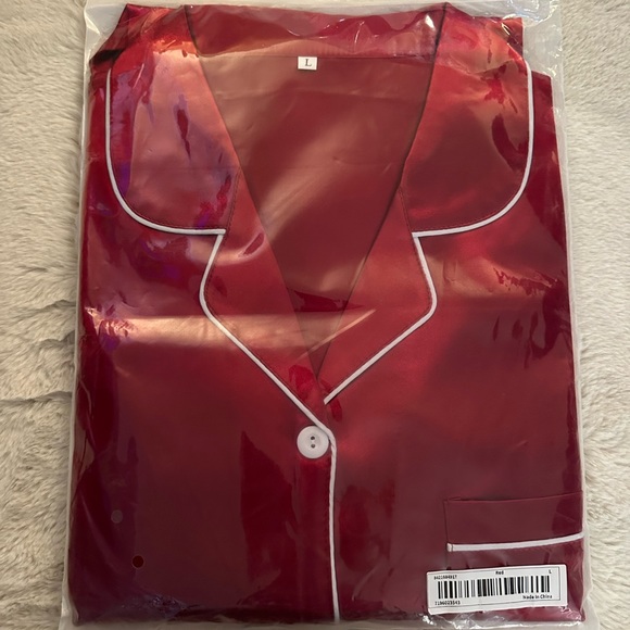 Red Satin Pajama Set With White Trim - Picture 6 of 7